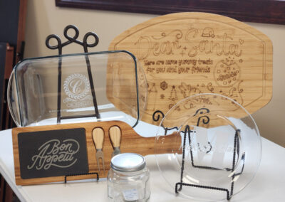 engraved cutting board, baking pans and plate
